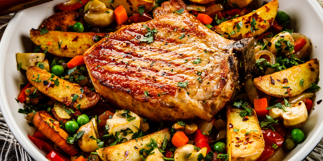 One-Pan Herb Pork Chops with Peas & Carrots and Roasted Potatoes